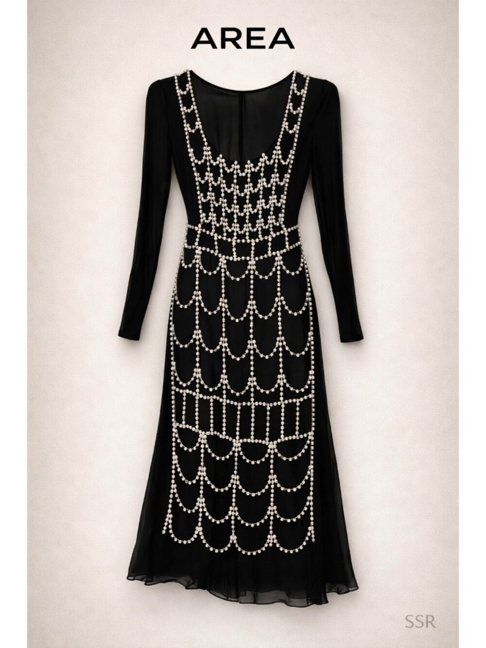 AREA NYC Pearl Cup Chain Embellished Long Sleeve Midi Dress Size 4 NWT Black